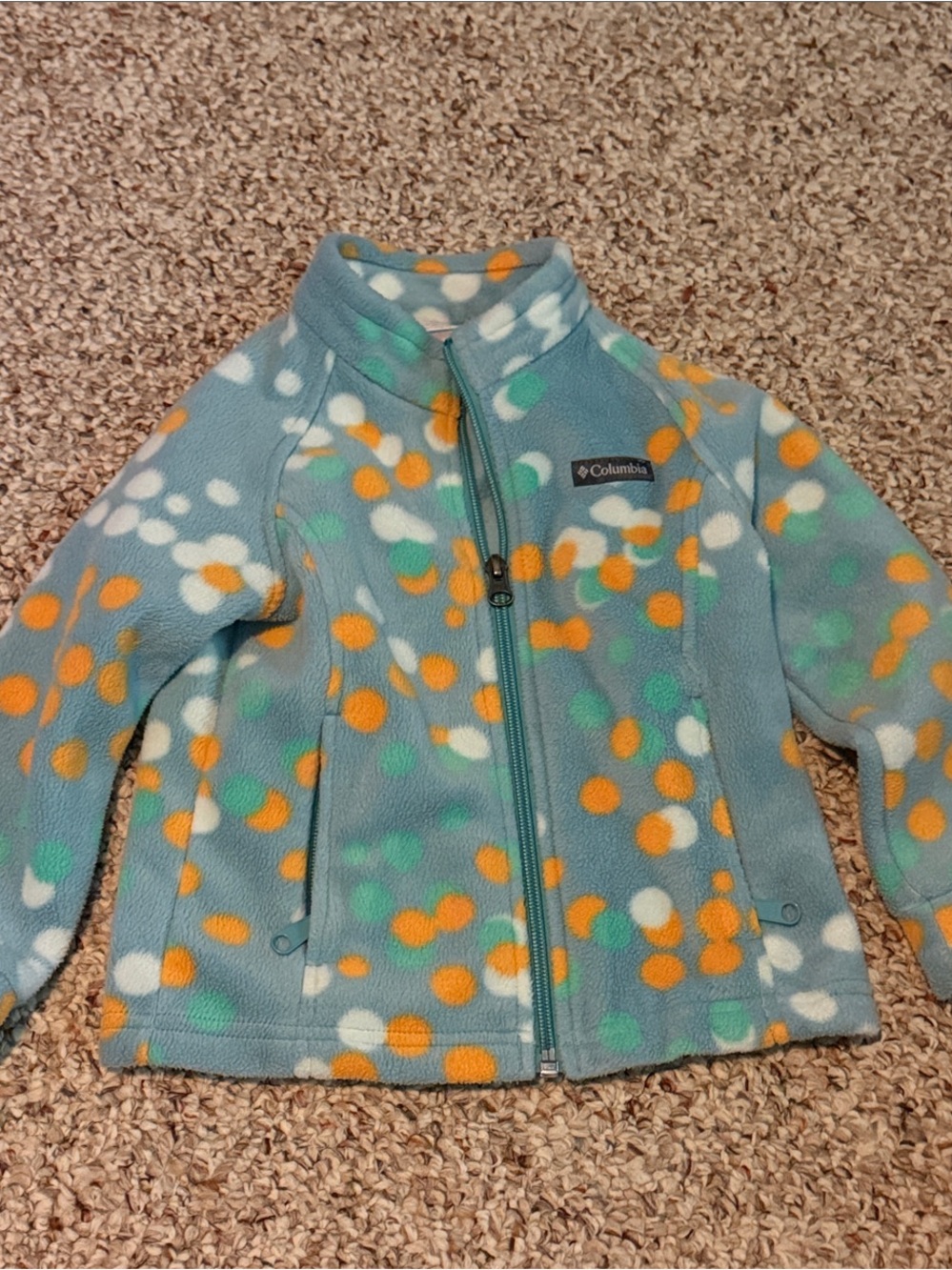 Columbia Teal Fleece Jacket with Orange, White & Green Dots